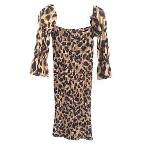 John Zack Women's 10 Leopard Print Smocked Midi Dress Long Bell Sleeves